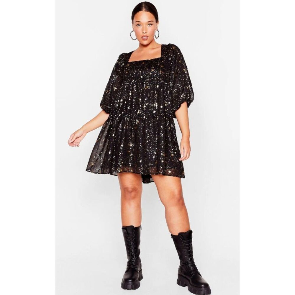 NASTY GAL Black with Sparkly Gold Stars Plus Sz 20 Lined Tiered Mini Dress NWT